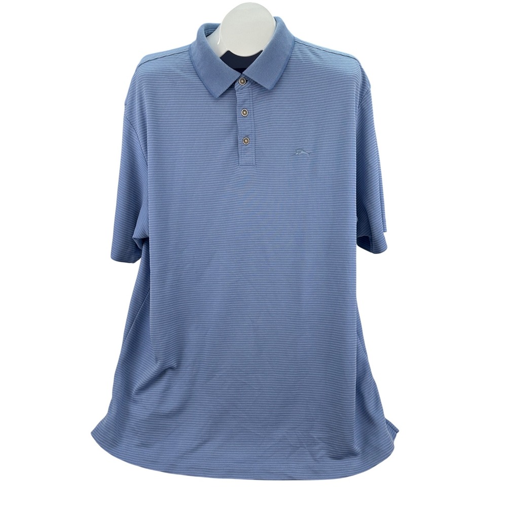 Tommy Bahama Men's Blue Striped Ribbed Short Sleeve Polo Shirt Large Golf